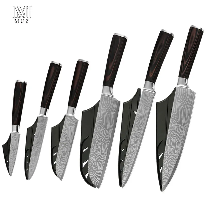 

Stainless Steel Knife Set Santoku 8 inch Chef Knives with Sheaths Damascus Pattern Kitchen Gadgets Tools Utensils Knives Holder
