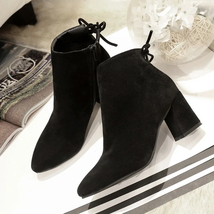 Plush ankle boots women shoes 2019 fashion solid flock high heels women snow boots ladies shoes ZIP pointed toe winter boots  (7)