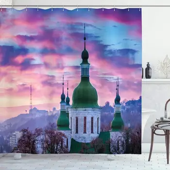 

Wanderlust Decor Collection, Sunset and Cloud Over Cityscape Kiev Ukraine Europe Building Evening, Polyester Fabric Bathroom