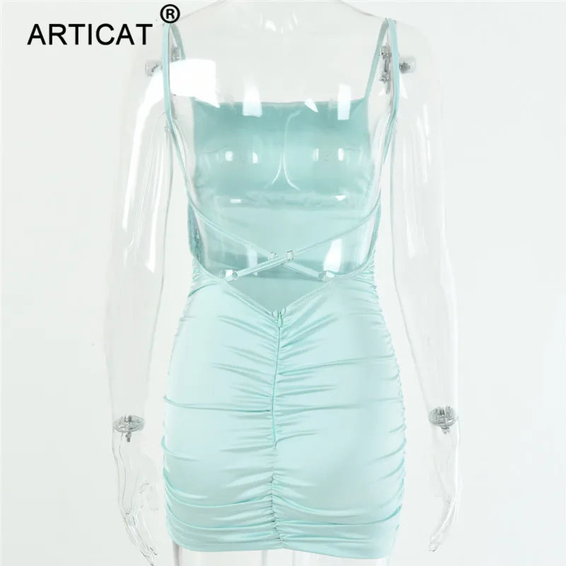 Articat Spaghetti Strap Mini Satin Dress Women Sexy Backless Cross Bandage Bodycon Party Dress Pleated Stretch Short Club Dress