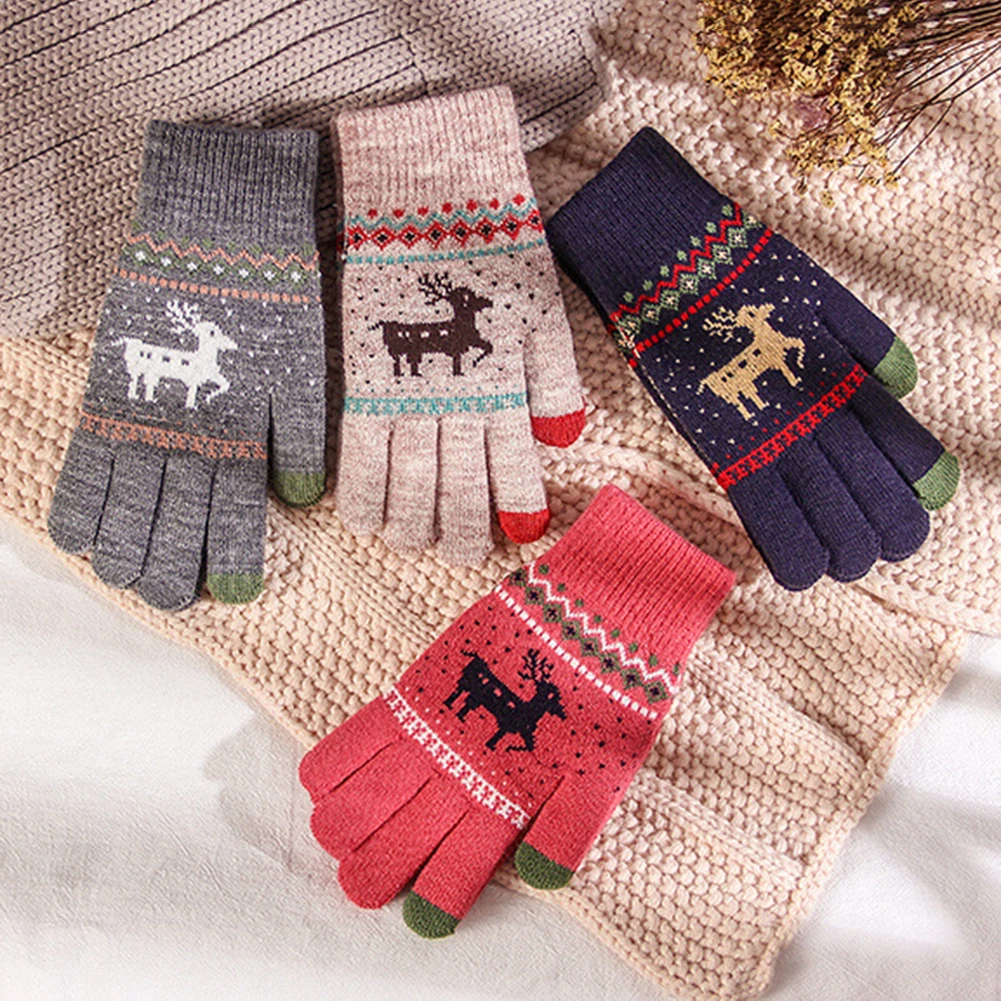 Vintage christmas deer knitted gloves women thicken touch screen gloves winter warm snow Elk full finger mittens christmas gift