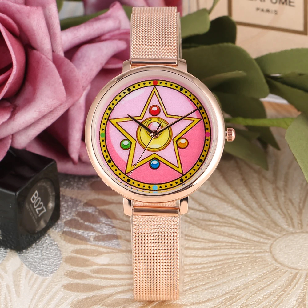 Women's Quartz Watches Sailor Moon Pattern Girls Watch Luxury Mesh/Leather Strap Ladies Wristwatch Clock Nice Gift Reloj Mujer