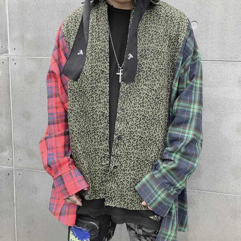 

Stitching Hit Colors for Asymmetric Grid Long Sleeve Shirt Mens Autumn Leopard pattern Irregular patchwork Shirts Men
