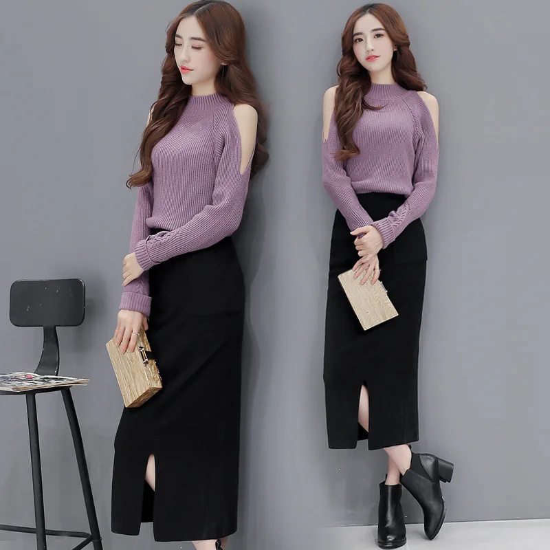 

2019 Spring Clothing Elegant Exposed Shoulder Sweater Set Skirt Children Slim Fit Sweater Slit Long Skirts Two-Piece Set