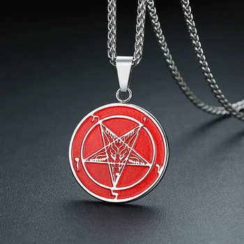 

Men Stainless Steel Pendant Necklace Seal of Satan Sigil of Lucifer Both Sided Baphomet Goat Devil Inverted Pentagram Chain