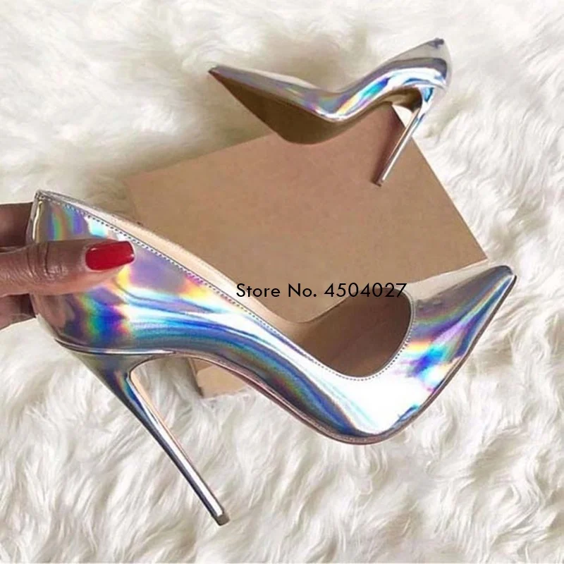 

12cm Sliver Pointed Toe Pumps Stiletto Heels Patent Leather Shallow Dress Wedding Shoes