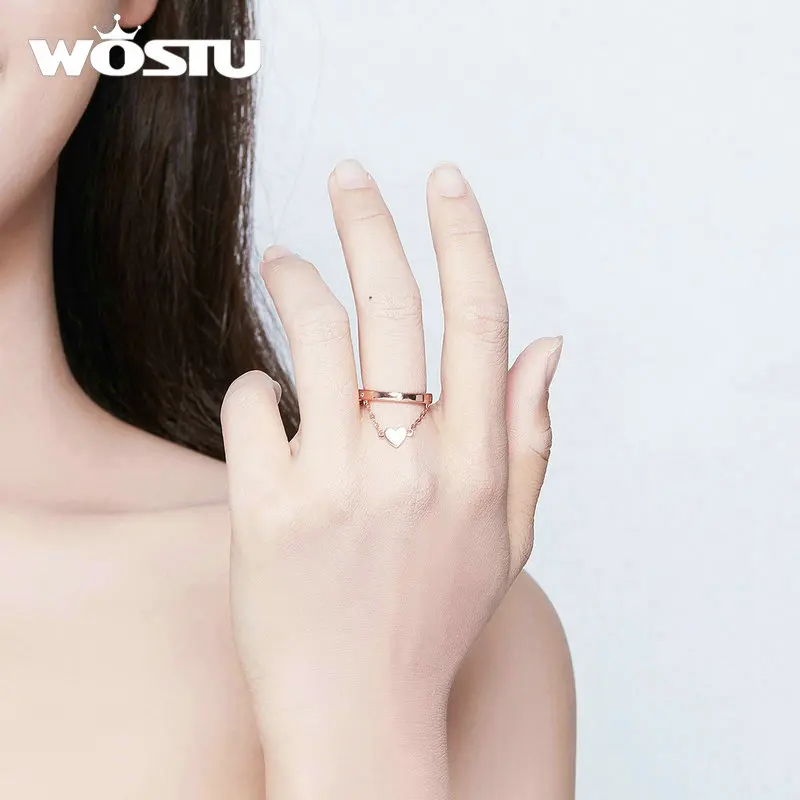 WOSTU, 925 пробы, серебряное кольцо, цепочка в форме сердца, для свадьбы, розовое золото, регулируемый Штабелируемый палец для женщин, для влюбленных, роскошные ювелирные изделия CQR572