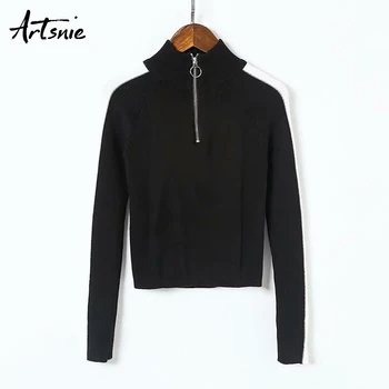 

Artsnie side stripe casual crop sweater women autumn 2019 turtleneck long sleeve jumpers pullover knit cropped sweaters mujer