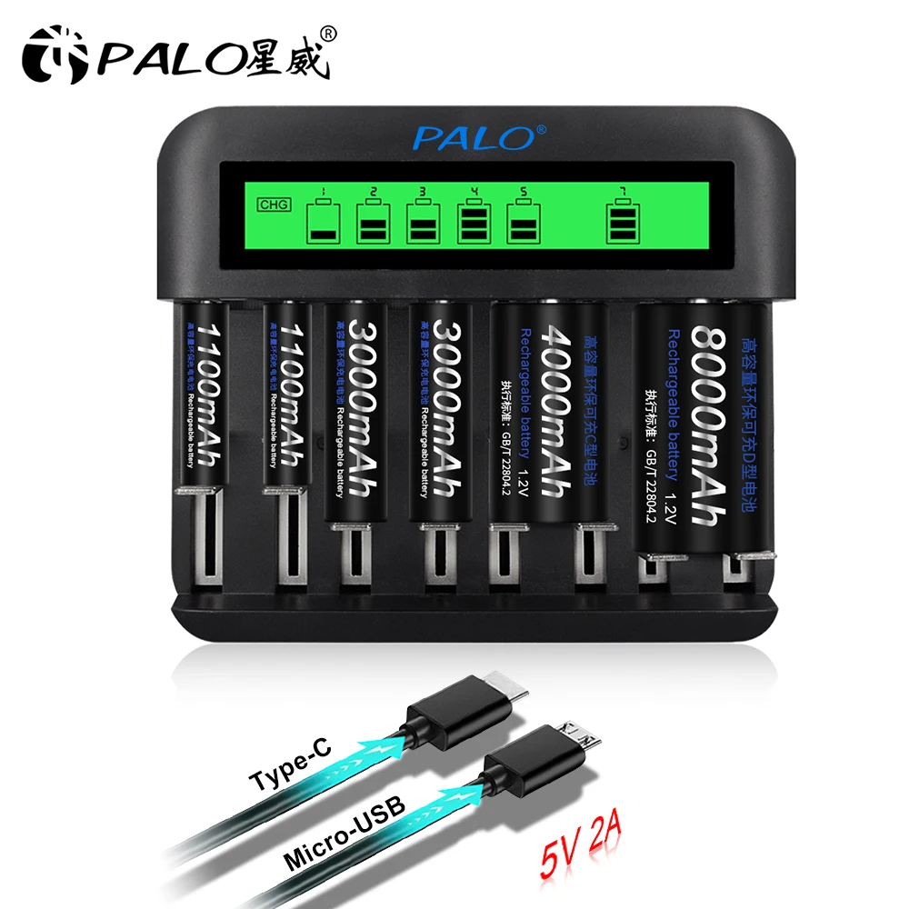 PALO 8 Slot Smart Battery Charger 1.2V AA AAA C D size NiMH For aa aaa Rechargeable Batteries | Электроника