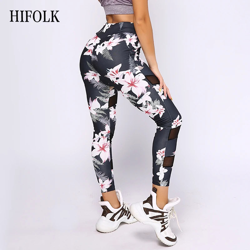 HIFOLK, модные женские леггинсы с принтом, для фитнеса, сетчатые, пэчворк, для тренировок, леггинсы, пуш-ап, повседневные, тонкие, узкие брюки, высокая талия, леггинсы