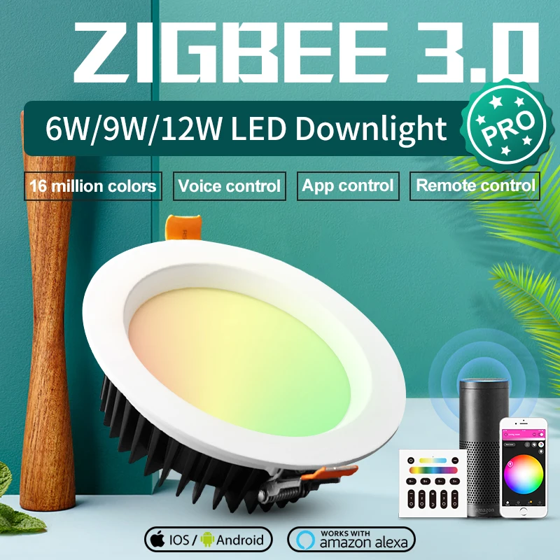 GLEDOPTO ZigBee 3.0 Smart Ceiling Downlight Pro RGBCCT 6W/9W/12W work with Amazon Echo Plus SmartThings App/Voice/Remote Control