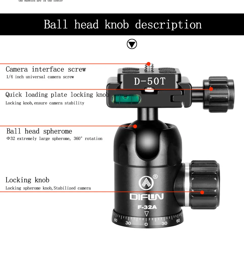 DIFUN головка штатива Панорамное Демпфирование Большой шаровой головкой профессиональное наблюдение за птицами 1/" винтовые адаптеры для монопода камеры F-32A