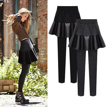 

high waist M-6XL plus size warm velvet long women leggings with PU leather pleated skirt sexy streetwear workout pants push up