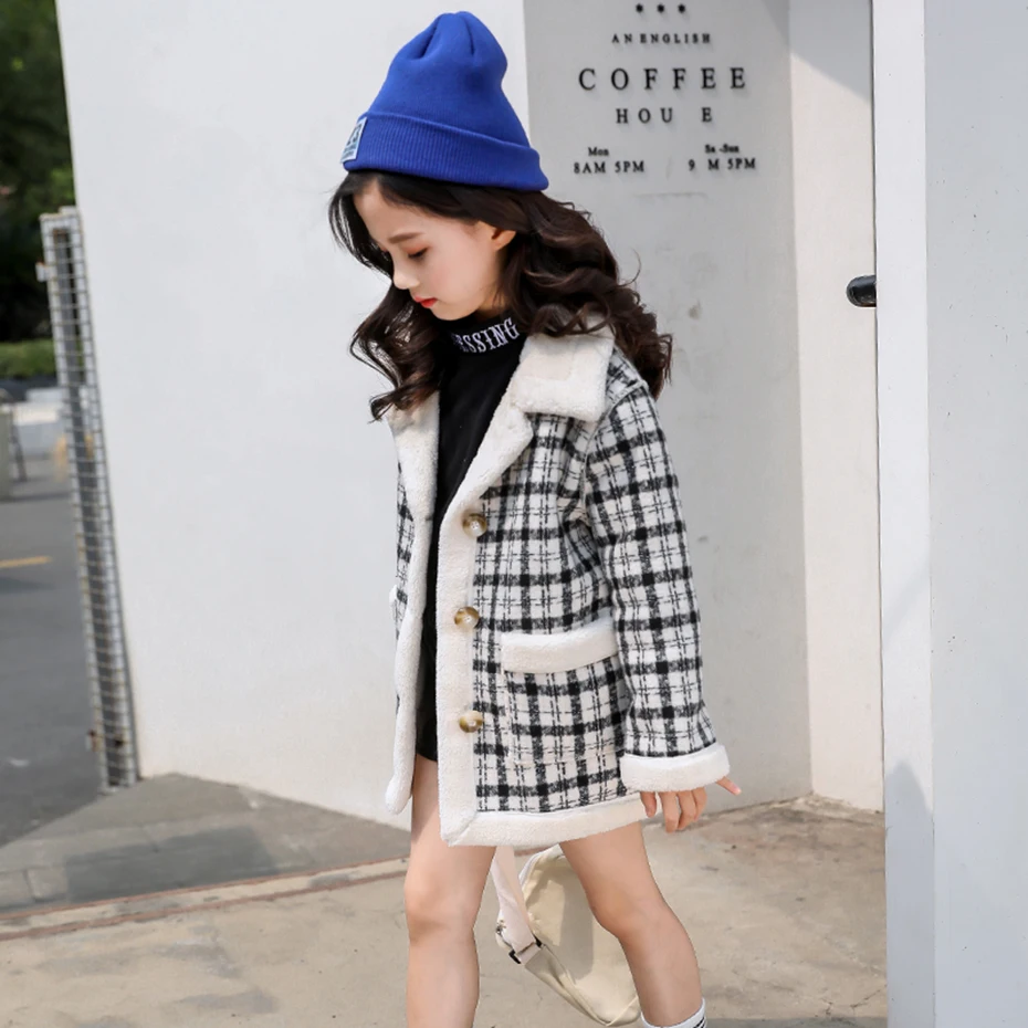 Пальто для девочек, модные клетчатые пальто для девочек, шерстяное пальто с длинными рукавами, Детская осенняя зимняя одежда в Корейском стиле для девочек 6, 8, 10, 12, 14 лет