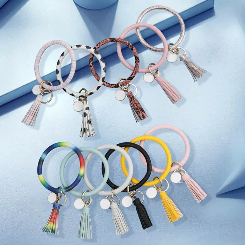 

New Cute Key Chains Women Girls Circle Same Color PU Leather Tassel Wristlet key ring Chain trinket Pendant Accessories
