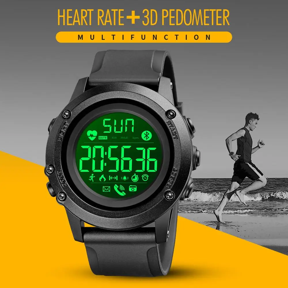 US $21.24 SKMEI No charge Bluetooth Mens Smart Watches Heart Rate 3D Pedometer Men Sport Wrist Smart Watch reloj inteligente hombre 1671