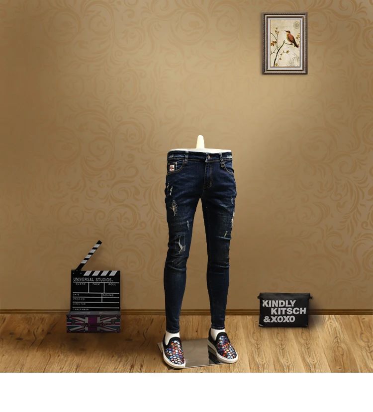 Fashion Skinny Ripped Blue Jeans Men Quality Cotton Streetwear Slim Fit Straight Stretch Denim Pants