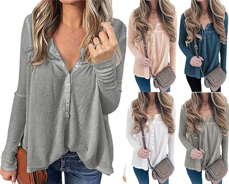 

SZMALL Long Sleeve Button V Neck Shirt Women Autumn Spring Long Sleeve Loose PLUS Size Blouse For Female Casual Top Clothing