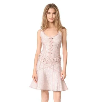 

2020 Top Quality Pink O-neck Sleeveless Criss Cross Drawstring Rayon Bandage A-line Dress Celebrity Party Club Short Dress