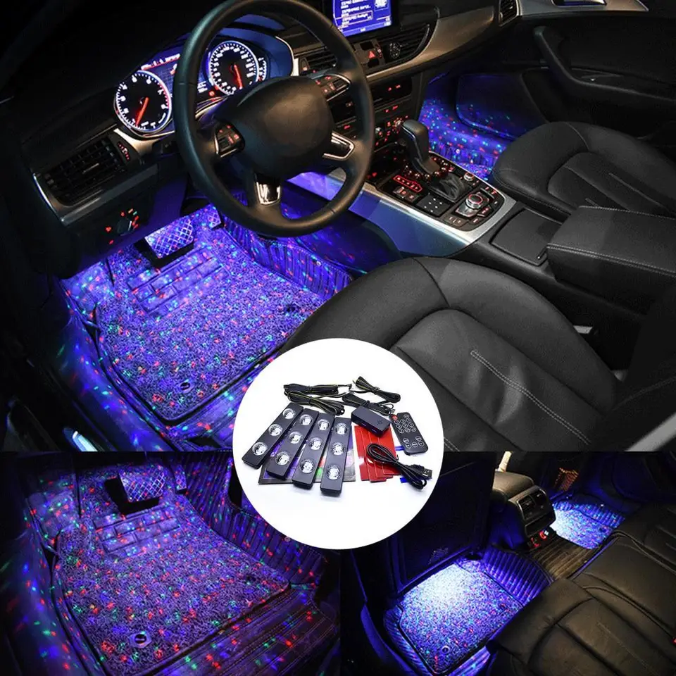 thumbnail image 2 of 12V Car Interior RGB LED Strip Lights - 4-Pack Footwell Atmosphere Lighting With Remote Control 2 of 10