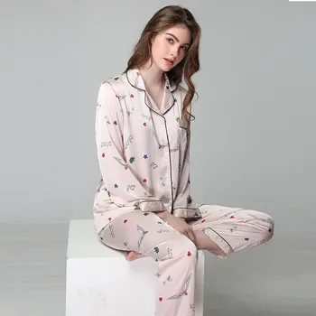 

Pink Print Pajamas Set Women Satin 2PCS Sleepwear Long Sleeve Shirt&Pant Female Casual Pyjamas Suit Loose Sleep Set Home Wear
