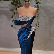 

New Arrival Velvet Blue Sexy Luxury Prom Dress Sleeveless Crystals Sparkly Women Long Mermaid Evening Pageant Gowns Custom Made