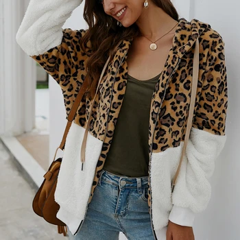 

New Hoodies Coats Women's Zipper Fuzzy Faux Fleece Leopard Patchwork Hooded Sweatshirt Coat Outerwear Pockets
