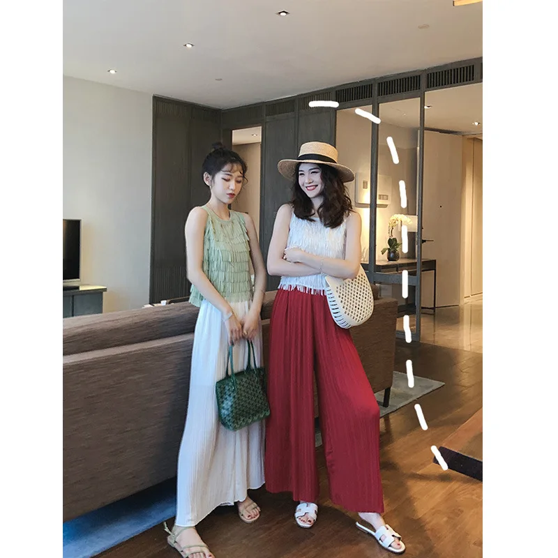 

Summer 2019 New Style Western Style WOMEN'S Suit Tassels Chiffon Camisole Drape Pleated Loose Pants Two-Piece Set