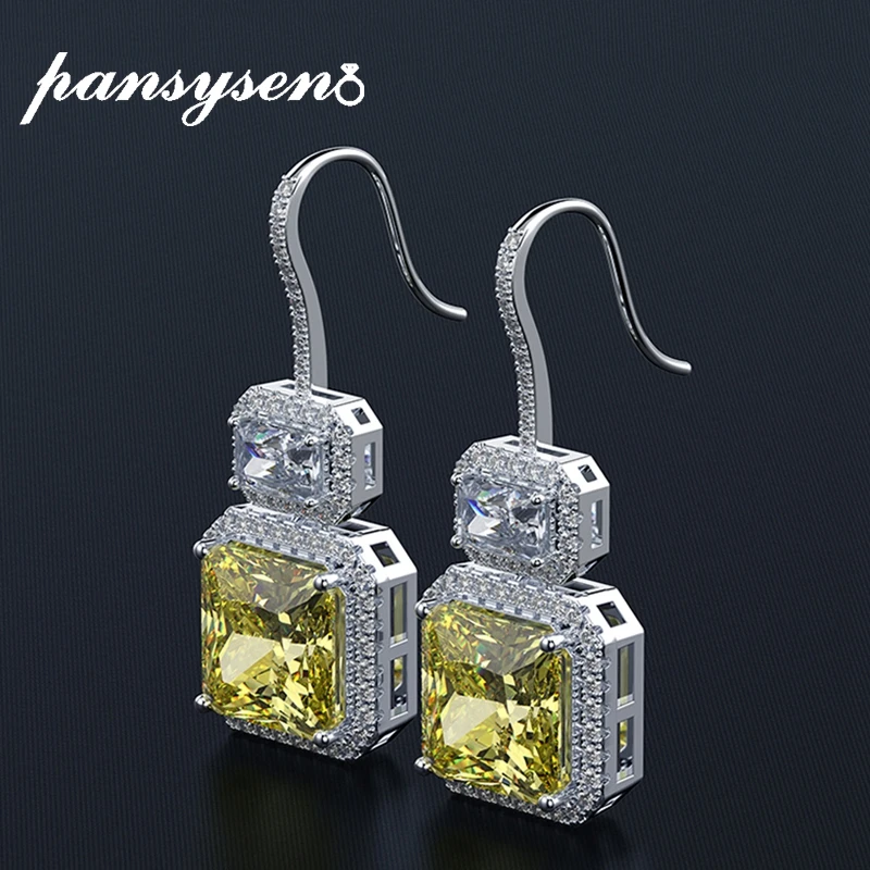 PANSYSEN Original Top Brand Yellow Dangle Drop Earrings For Women Luxury White Gold Color Silver Fine Jewelry Earring Gift