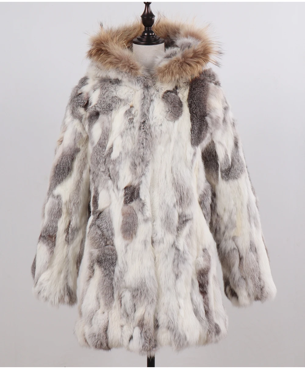 Русская зима, Женское пальто с капюшоном из натурального кроличьего меха, натуральный теплый мех кролика, куртка с воротником из натурального меха енота, женские пальто из натурального меха