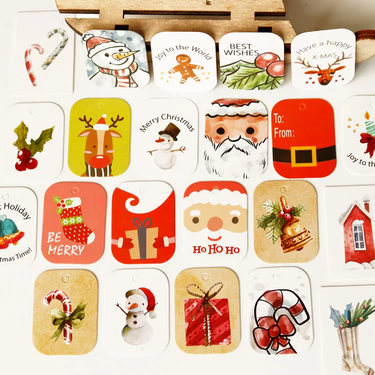 48/50pcs Merry Christmas Paper Gift Tag Snowman Deer Santa Claus Paper Label Hang Tags Party DIY Decor Xmas Gift Wrapping Tags