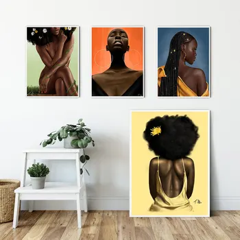 

African Art Black Girl Woman Portrait Painting on Canvas Cuadros Poster and Print Scandinavian Wall Art Picture for Living Room