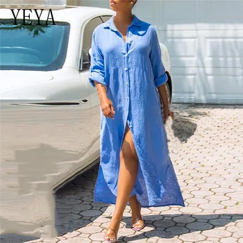 

YEYA Women Summer Maxi Shirt Dress Full Sleeve Loose Bandage Long Dress Sexy Party Night Club Casual Street Dresses Vestidos