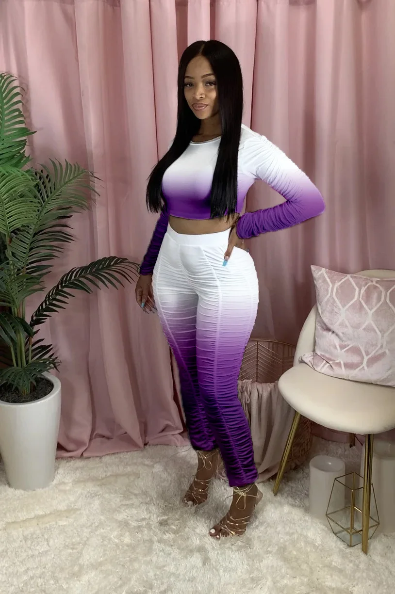 

JRRY Women Tracksuit Pleated Two Pieces Set Long Sleeve Crop Top Long Pants 2 Pieces Set Elastic Sports Suit Print Outdoor Wear