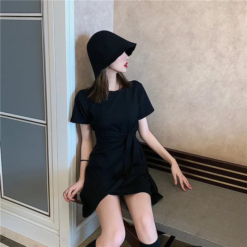 

Photo Shoot 2019 Women's Dress Summer Short-sleeved Skirt Versatile Bow Lace-up Dress