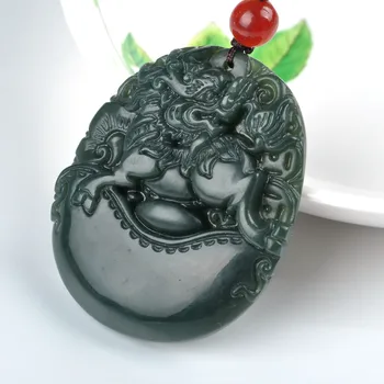 

Natural Hetian Green Jade Yuanbao Kylin Pendant Beads Necklace Charm Jewellery Fashion Accessories Hand-Carved Man Amulet Gifts