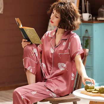 

Women's Summer Thin Section Large Size Loose Style Satin Short Sleeved Satin Chiffon Short Sleeve Long Trousers Pajamas Pants