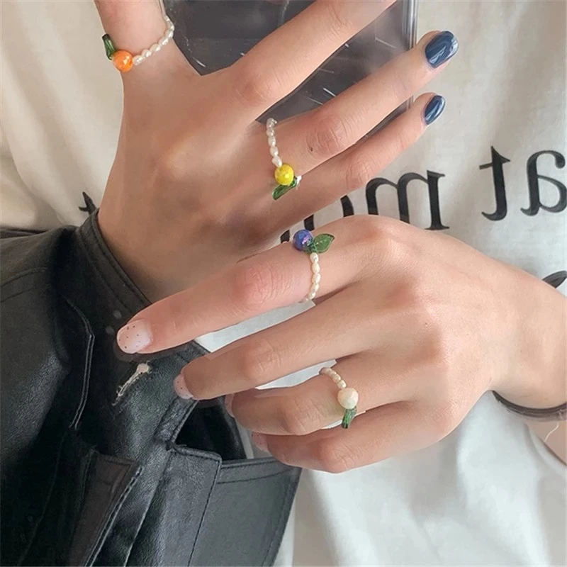 AOMU 2020 Fashion Crystal Beaded Rings Cute Minimalist Coloful Beads Geometric Stacked Fine Rings for Women Party Gift Jewelry