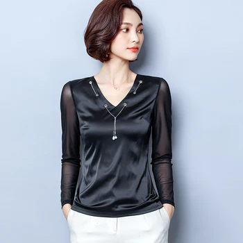

9612 Solid Color Gauze Base Shirt Women Long Sleeve 2020 Spring New Style Tops Versatile Satin Real Silk