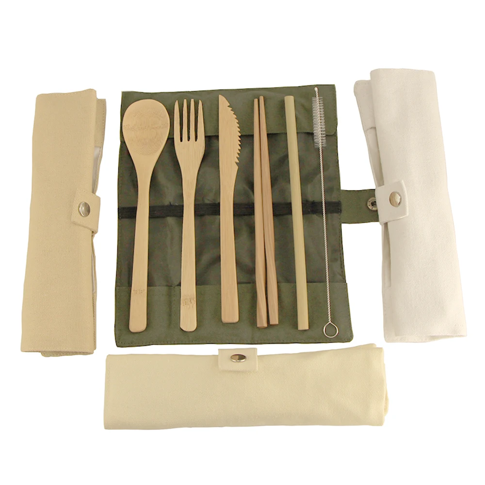 

7Pcs/Set Creative Bamboo Straw Wooden Cutlery Set Knife Fork Spoon Dinnerware Set Chopsticks With Cloth Bag Kitchen Accessories