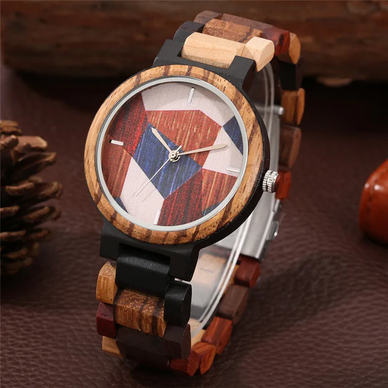 Colorful Full Wooden Men Watch Geometry Pattern Round Dial Analog Quartz Watch Mens Wood Bangle Wristwatch Folding Clasp Reloj
