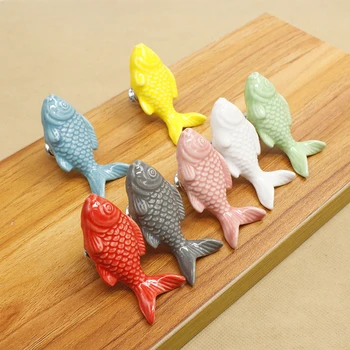 

High-End Decorative Furniture Cartoon Color Single Hole Ceramic Door Handle Grass Carp Bookcase Drawer Flush Cabinet Knobs
