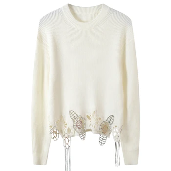 

Runway Fashion Flower Pattern Knit Sweater Pullovers Women Autumn Tassel Sweater Jumper Ladies Winter Hollow Out Top Pull Femme