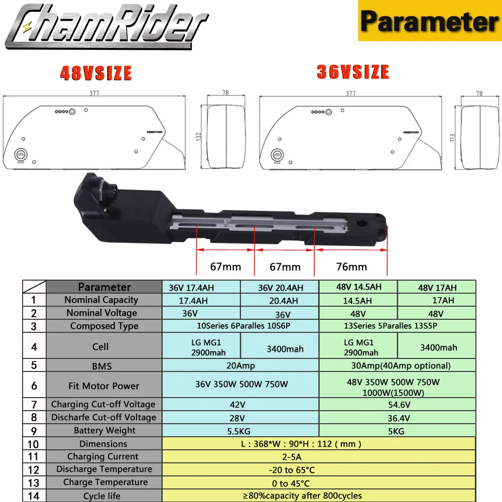 Chamrider, фара для электровелосипеда в Батарея Downtube Tigershark 36V 48V 52V 20A 30A 40A BMS 350 Вт 500W 750W 1000W 1500W BBS02 BBSHD