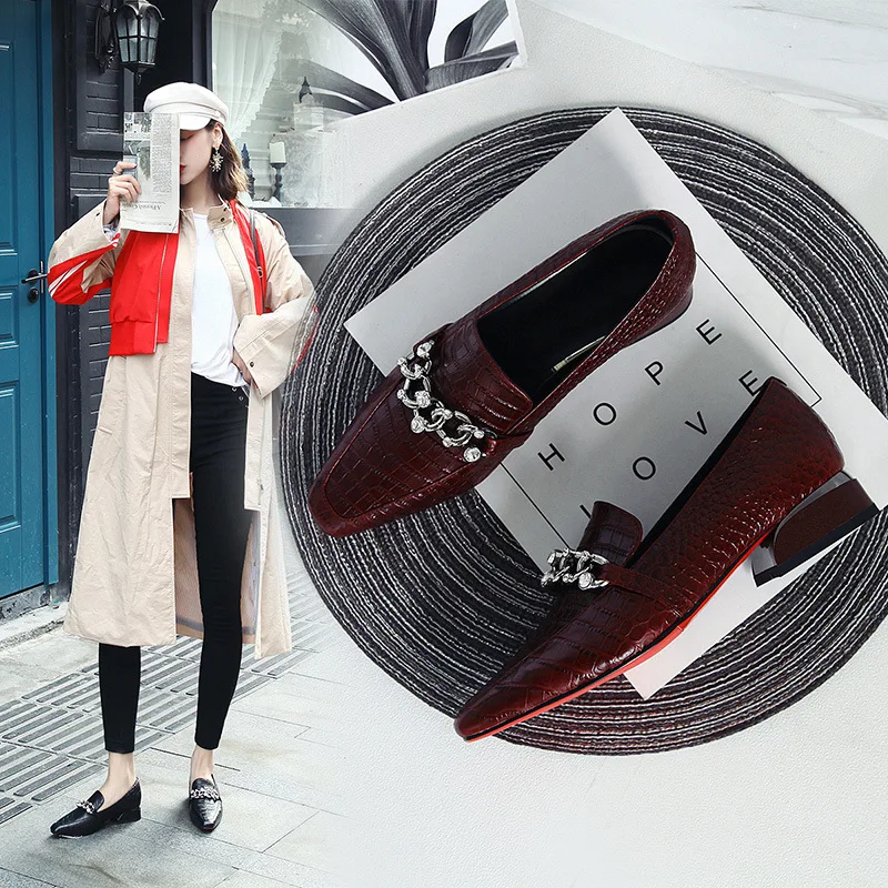 

British Style Loafers 2020 Spring And Autumn New Style Genuine Leather Crocodile Pattern Casual Shoes Low Heel Square Head Rhine