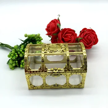 

100pcs Free shipping top grade golden silvery transparent plastic treasure chest wedding candy box gift boxes