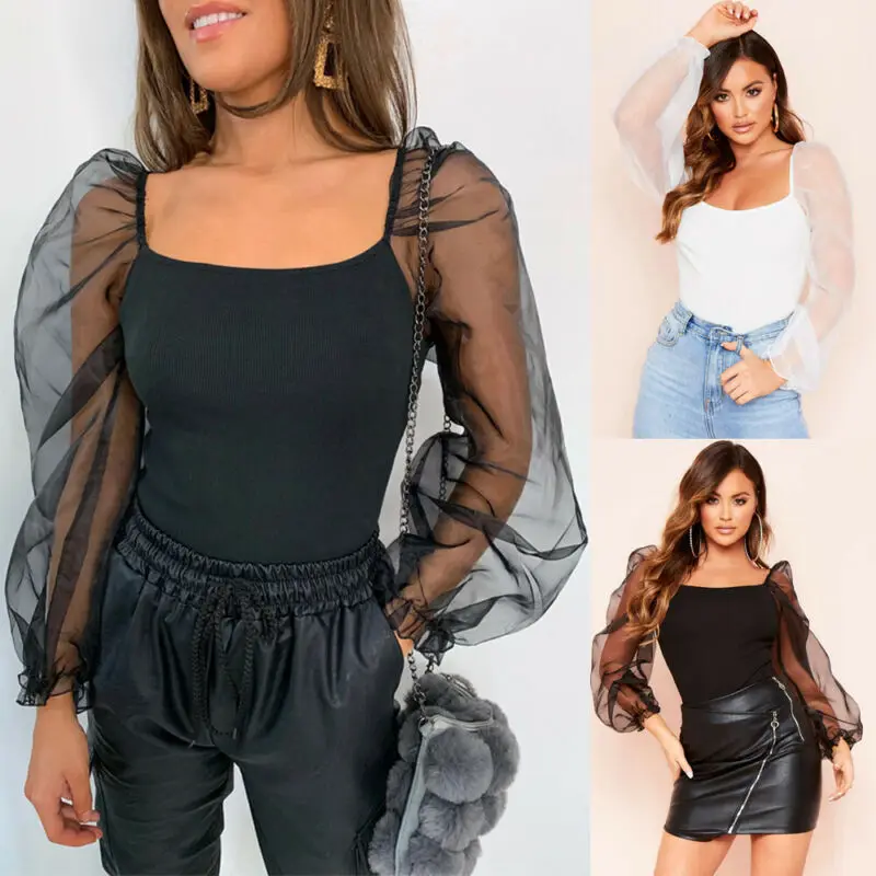 

1PC Women Blouse Elegant Tops Ladies Tulle Ruffle Long Puff Sleeve U Neck Shirt Blouse Tops Solid Color Ladies Blouses Shirt