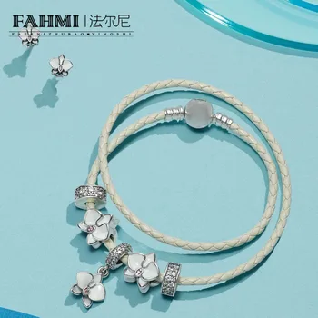 

2020 100% 925 Sterling Silver White Orchid Charm Enamel Primrose Pendant Stud Earrings IVORY DOUBLE WOVEN LEATHER BRACELET Set