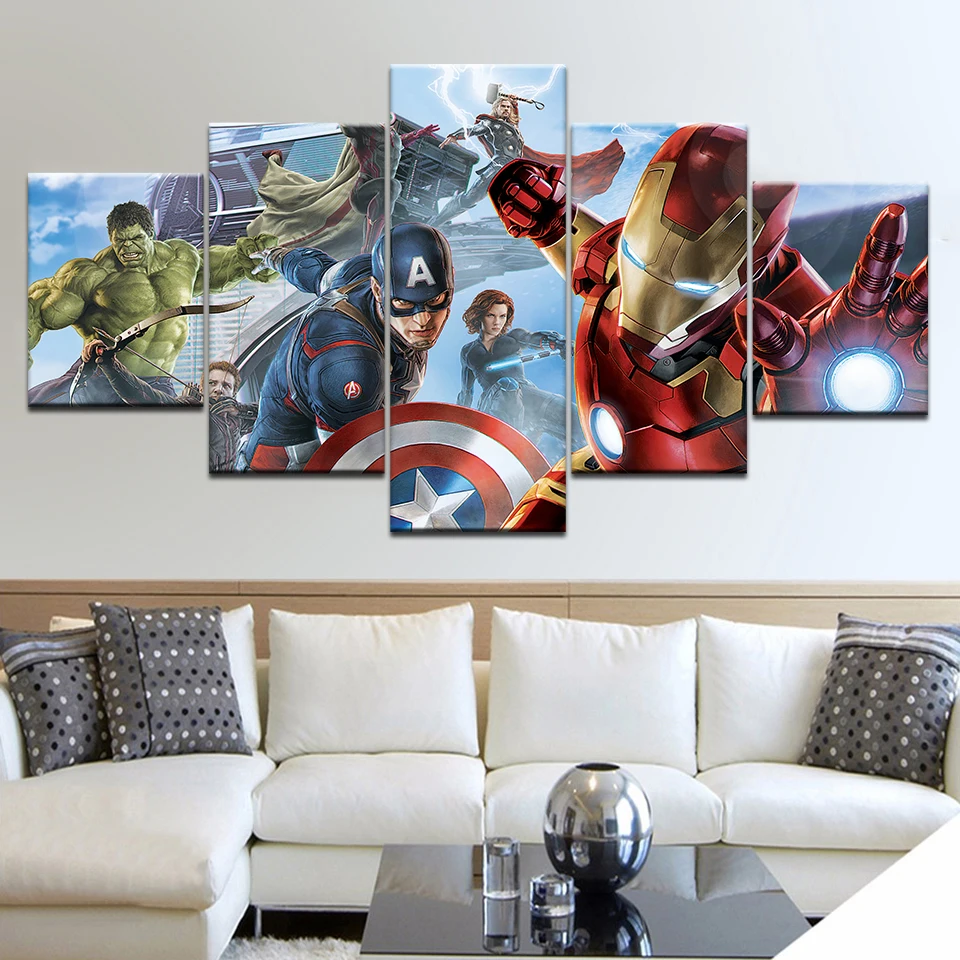 Canvas Paintings Avengers Iron Man Thanos Multiple Movie Wall Art Framework Home Decor 5 Pieces HD Print Decorative Picture Room | Дом и сад