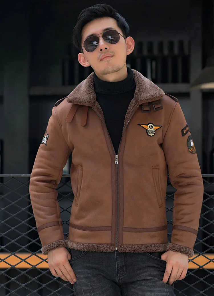 Brown Schinteon/Мужская замшевая кожаная куртка, равномерное пальто Air Force, пальто из овечьей шерсти, теплая зимняя верхняя одежда высокого качества, Прямая - Цвет: Brown